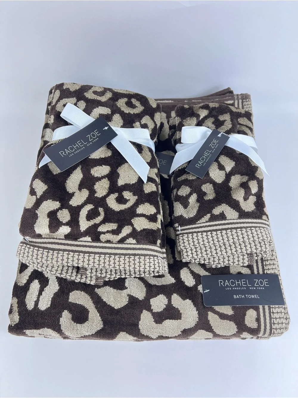 Rachel Zoe Bath Towel Set Leopard Animal Print Brown Tan Velour Cotton 6 Pc NEW